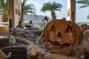 Halloween-Kürbis auf Spinnennetz geschnitzt foto