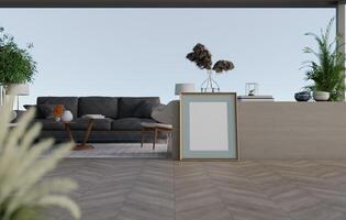 3D-Mockup leerer Fotorahmen im Wohnzimmer-Rendering foto
