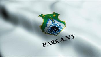 3d machen winken Ungarn Stadt Flagge von Harkany Nahansicht Aussicht foto