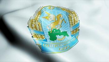 3d winken Kasachstan Region Flagge von Norden Kasachstan Nahansicht Aussicht foto