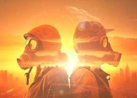 nuklear Krieg Konzept, Keim Krieg. Mann im Gas Maske gegen nuklear Explosion Hintergrund