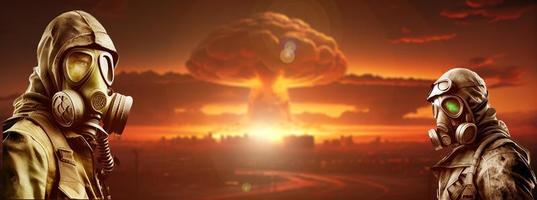 nuklear Krieg Konzept, Keim Krieg. Mann im Gas Maske gegen nuklear Explosion Hintergrund foto