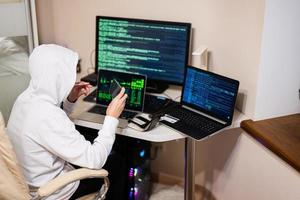 Junge Hacker betrügerisch verwenden Anerkennung Karte zum Zahlung. Internet Diebstahl . Mann tragen ein Sturmhaube mit Lutscher und halten ein Anerkennung Karte während saß hinter ein Laptop. foto