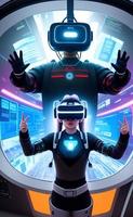 Metaverse Digital Cyber Welt Technologie, Frau halten virtuell Wirklichkeit Brille umgeben mit futuristisch Schnittstelle 3d Hologramm Daten, Illustration. foto