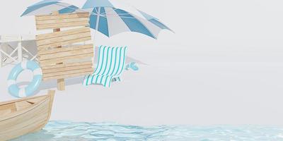 Hintergrund Sommer- Banner Strand mit hölzern Schild Sand Strand cool Töne 3d Illustration foto