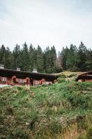 hölzern Hütte im das Alpen mit Berge im das Hintergrund Panorama foto