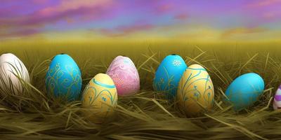 Ostern Hintergrund mit dekoriert Ostern Eier auf ein Grün Wiese im das Frühling Jahreszeit. foto