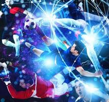 Fußball Szene mit Fußball Spieler im Vorderseite von ein futuristisch Digital Hintergrund foto