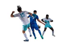 Fußball Aktion Szene mit im Wettbewerb Fußball Spieler auf Weiß Hintergrund foto
