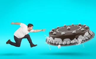 Fett Mann läuft schnell zu Essen ein groß Kuchen foto