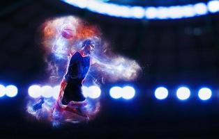 akrobatisch zuschlagen Dunk von ein Korb Spieler im das Korb beim das Stadion foto