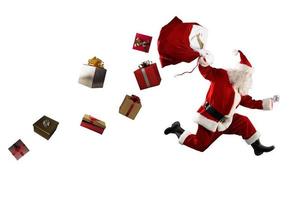 Santa claus läuft schnell zu liefern alle Geschenke zum Weihnachten foto