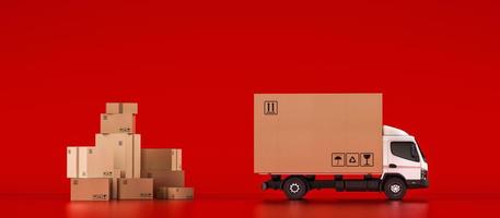 groß Karton Box Paket auf ein Weiß LKW bereit zu Sein geliefert auf rot Hintergrund foto