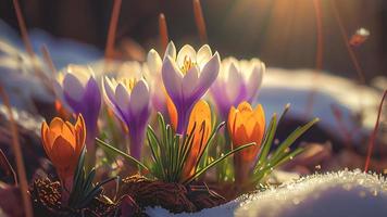 das zuerst Frühling Blumen, Krokusse im ein Wald mit Schnee Hintergrund ebenfalls haben Kopieren Raum zum Text foto