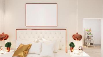 ein Bett im das Zimmer mit ein Bild Rahmen auf das Mauer. foto