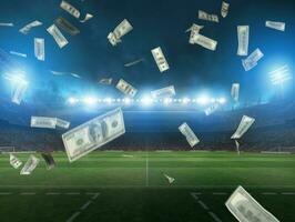 beleuchtet Fußball Stadion und fallen Banknoten von Wetter foto