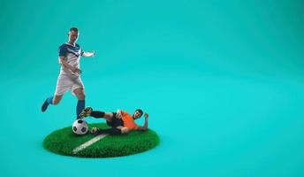 Fußball Spieler konkurrieren zum das Ball auf ein grasig Teller mit cyan Hintergrund foto