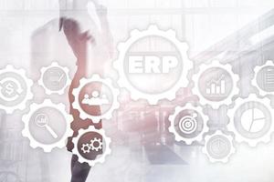 ERP-System, Enterprise Resource Planning auf unscharfem Hintergrund. Geschäftsautomatisierungs- und Innovationskonzept. foto