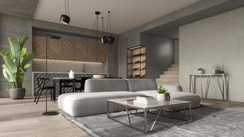minimalistischer Innenraum eines modernen Wohnzimmers im 3D-Rendering