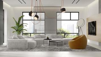 minimalistischer Innenraum eines modernen Wohnzimmers im 3D-Rendering