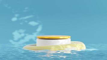 erfrischend Plattform Vitrine zum Produkt Anzeige mit Gummi schwebend Ring auf Wasser 3d gerendert foto