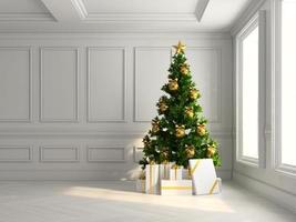 Innenraum mit einem Weihnachtsbaum und Geschenkboxen in der 3D-Illustration