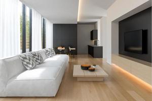 Innenraum eines modernen Wohnzimmers mit einem Sofa und Möbeln in 3D-Darstellung foto