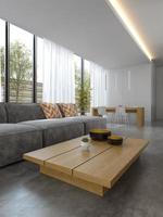 Innenraum eines modernen Wohnzimmers mit einem Sofa und Möbeln in 3D-Darstellung foto