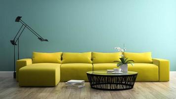 Teil eines Innenraums mit einem modernen gelben Sofa im 3D-Rendering