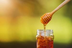 Honig tropft von Honigschöpflöffel auf natürlichem Hintergrund