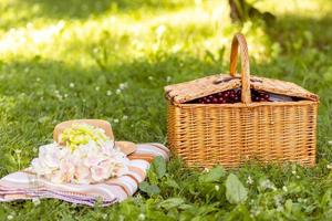 gemütlich Picknick im das Park. Sommer- Picknick mit Picknick Korb mit Sommer- Blumen, Hut und Plaid foto