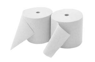 Papierrolle Mock-up isoliert auf weißem Hintergrund. leere weiße verpackung küchentuch, toilettenpapierrolle, kassenband, thermofaxrolle. Papierrollenvorlage foto