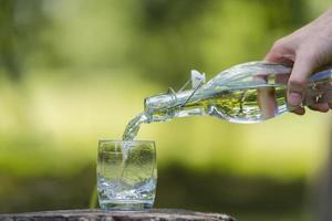 Hand gießen Trinkwasser aus der Flasche in Glas mit natürlichem Hintergrund