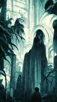 gotisch Grusel dunkel Szene mit dunkel Person im Vorderseite. abstrakt Illustration Kunst foto