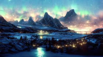 Nord Beleuchtung Über das Meer schneebedeckt Berge und Stadt. abstrakt Illustration Kunst foto