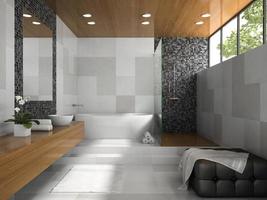 Innenraum eines stilvollen Badezimmers mit grauen Wänden in 3D-Darstellung foto