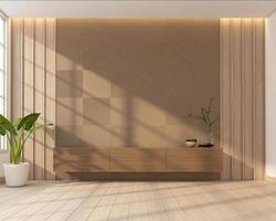 Japan Stil Leben Zimmer dekoriert mit minimalistisch Fernseher Kabinett, Holz Muster Mauer und Holz Lamelle Mauer. 3d Rendern foto