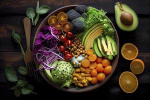 Stapel von Früchte und Gemüse im viele appetitlich Farben, Schuss von über, einladend zu führen ein gesund pflanzlich Lebensstil foto