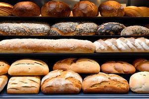 verschiedene Brot Verkauf beim das Anzeige Bäckerei Geschäft Regal. foto