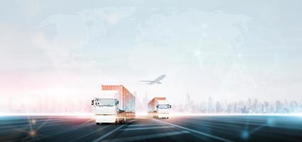 Geschäft und Technologie ai Digital Zukunft Netzwerk von Ladung Behälter Logistik Transport importieren Export Konzept, Container Fracht LKW auf Autobahn und Welt Karte beim modern futuristisch Stadt Hintergrund foto