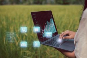 Clever Einrahmer Konzept, Farmer mit Computer Laptop zu Analytiker Daten im Reis Feld, Sammeln Analysieren Daten Ernte Unternehmen, Berühmtheit und Technologie, Landwirtschaft online. foto