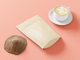 braun Beutel Taschen mit Postleitzahl sperren und Weiß Kaffee Tasse mit Kaffee Pulver Rosa Hintergrund foto