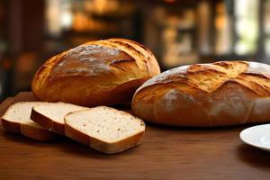 geschnitten Sauerteig Brot beim das Tisch. foto