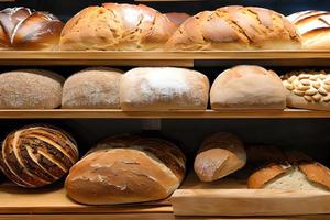 verschiedene Brot Verkauf beim das Anzeige Bäckerei Geschäft Regal. foto
