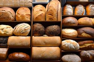 verschiedene Brot Verkauf beim das Anzeige Bäckerei Geschäft Regal. foto