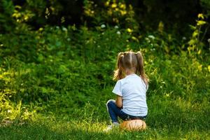 das lächelnd wenig süß Baby Mädchen ist spielen mit klein Fußball Ball zum Kinder auf Grün Gras spielen Feld foto