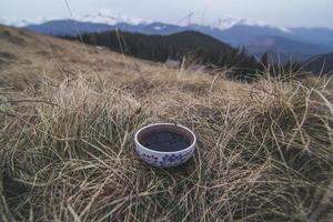 schließen oben Keramik Tee Becher Stehen im getrocknet Gras Konzept Foto