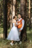 jung Paar Braut im ein Weiß kurz Kleid und Bräutigam im ein grau passen im ein Kiefer Wald foto