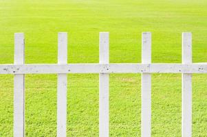 das Rasen Weiß hölzern Zaun Grün Gras im Garten foto