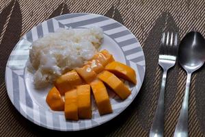 Mango klebrig Reis gekrönt mit Kokosnuss Milch und Sojabohnen foto